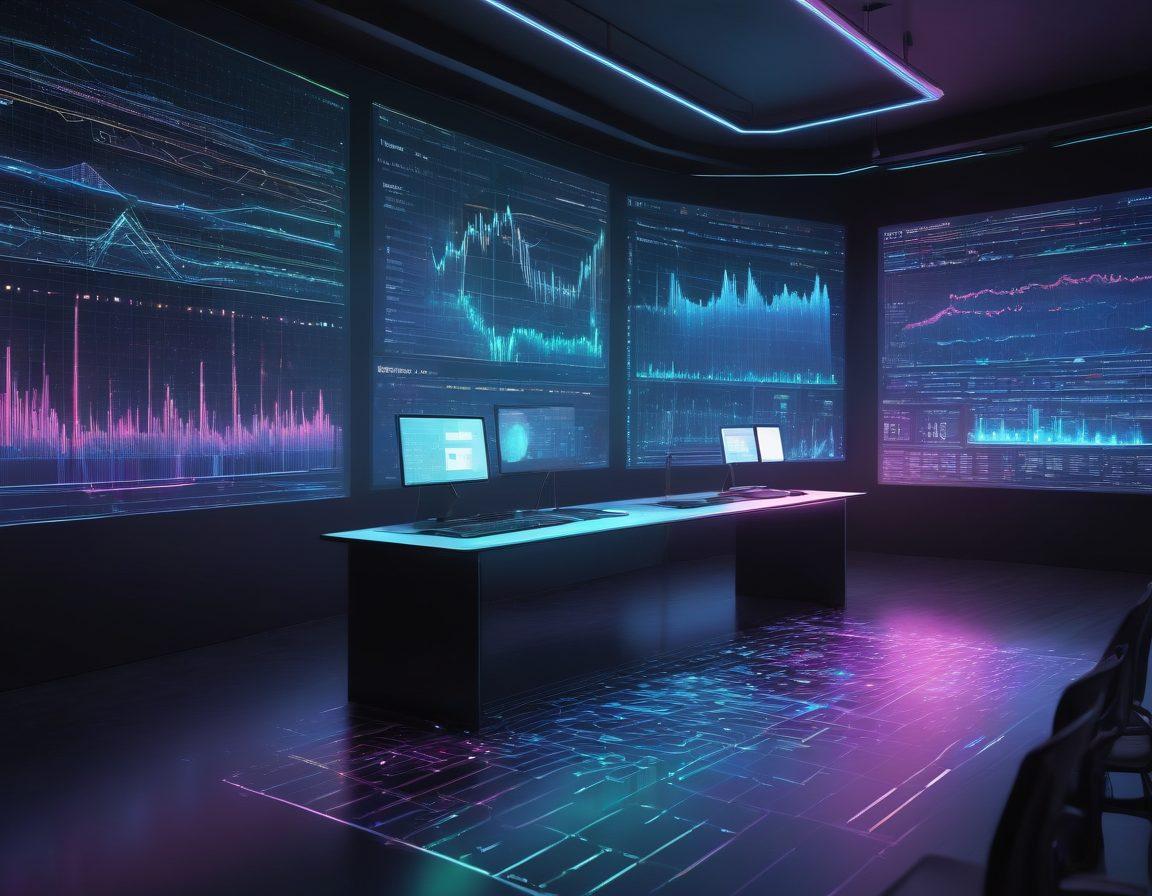 An intricate visual representation of a futuristic data analysis interface, featuring glowing holograms of statistical graphs and charts, interwoven with flowing streams of binary code. A diverse group of scientists and data analysts observe and discuss with excitement, showcasing collaboration in a modern tech lab. Bright, neon colors illuminate the scene, symbolizing innovation and the future of communication systems. super-realistic. vibrant colors. 3D.
