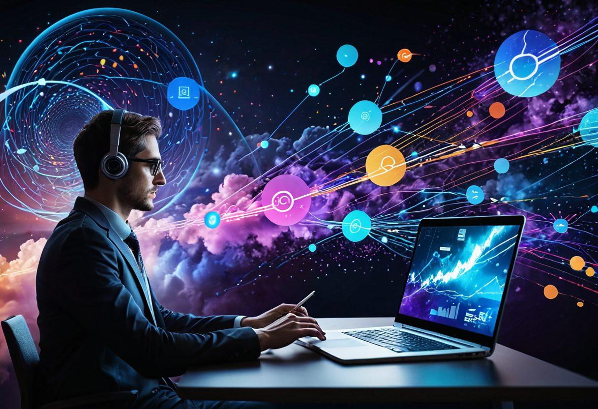 An abstract representation of big data swirling in vibrant digital clouds, with communication symbols like satellites and smartphones interspersed throughout. In the foreground, a modern analyst with a laptop is visualizing real-time data streams, while colorful data points illuminate the background. The overall mood is dynamic and futuristic, symbolizing innovation and connectivity. digital art. vibrant colors. 3D.